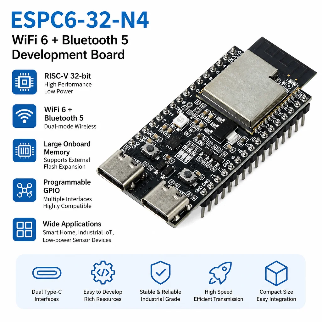 ESP32‑C6 Development Board RISC‑V 32‑Bit 160‑MHz MCU WiFi‑6 Bluetooth 5.0 LE 802.15.4 IoT Module for Smart Home
