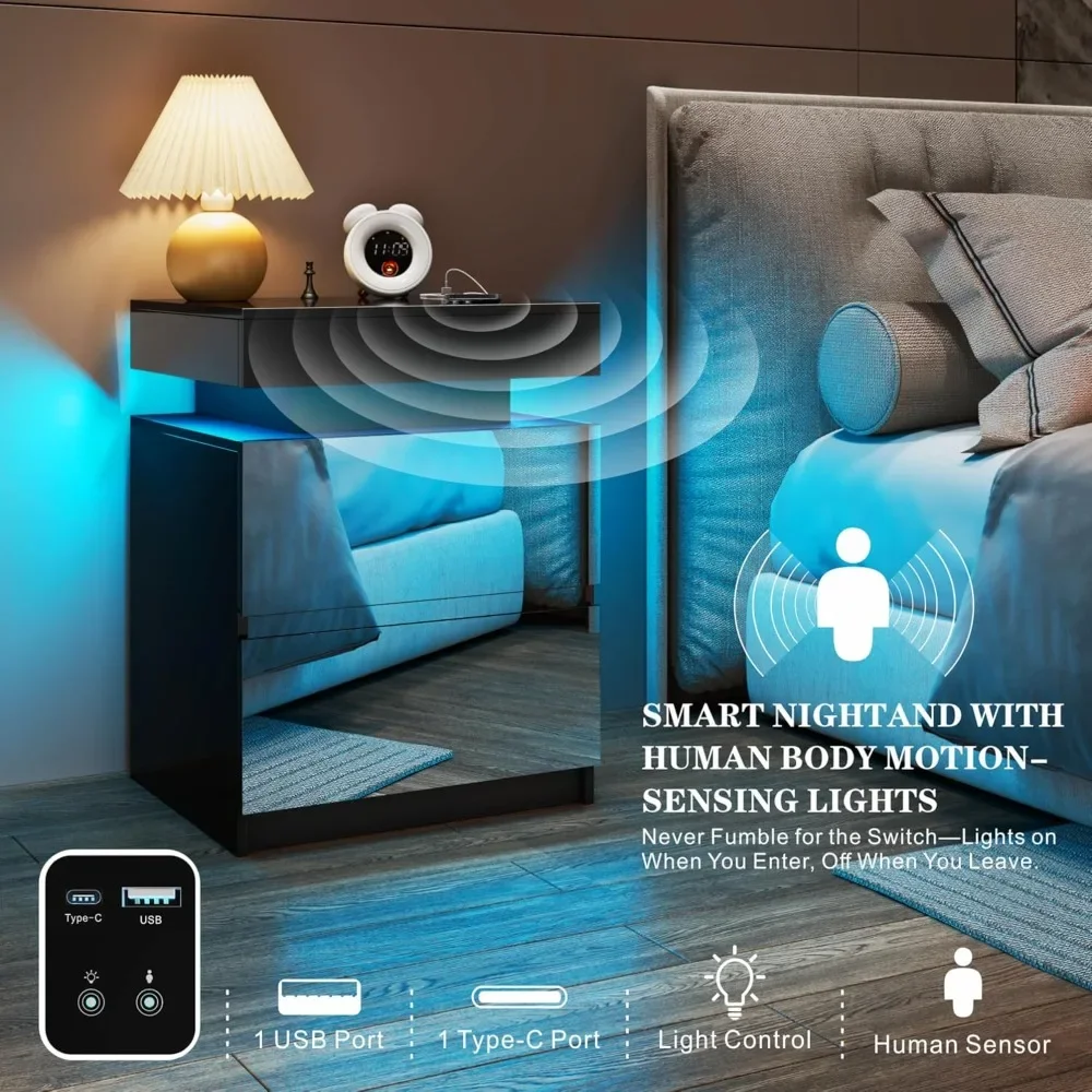 LED Nightstand Set of 2 - Bedside Table with Charging Station and 2 Mirrored Drawers Sliding Top with Magnetic Lock - Modern - view 4