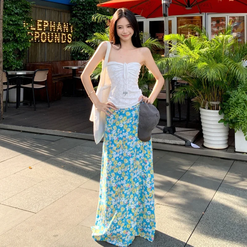 "Zeyla 2025 Conjunto de playa para mujer, bralette con lazo frontal y falda floral, traje de verano con cintura ajustable"