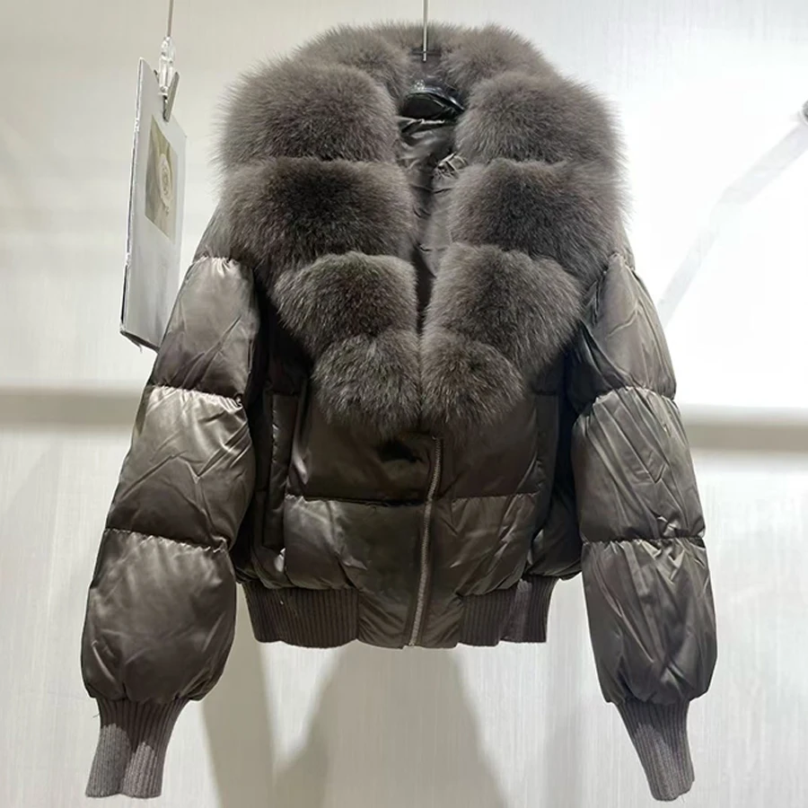 리얼 퍼 트리밍 푸퍼 재킷 여성용 겨울 다운 코트, 봄버 재킷, 신상 패션 숏 폭스 퍼 지퍼 코트