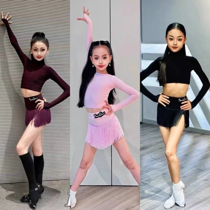 

Kids Girls Latin Dance Uniform Long Sleeve Mesh Competition Dress Grading Split Suit Women Ballroom Dancewear Costumes