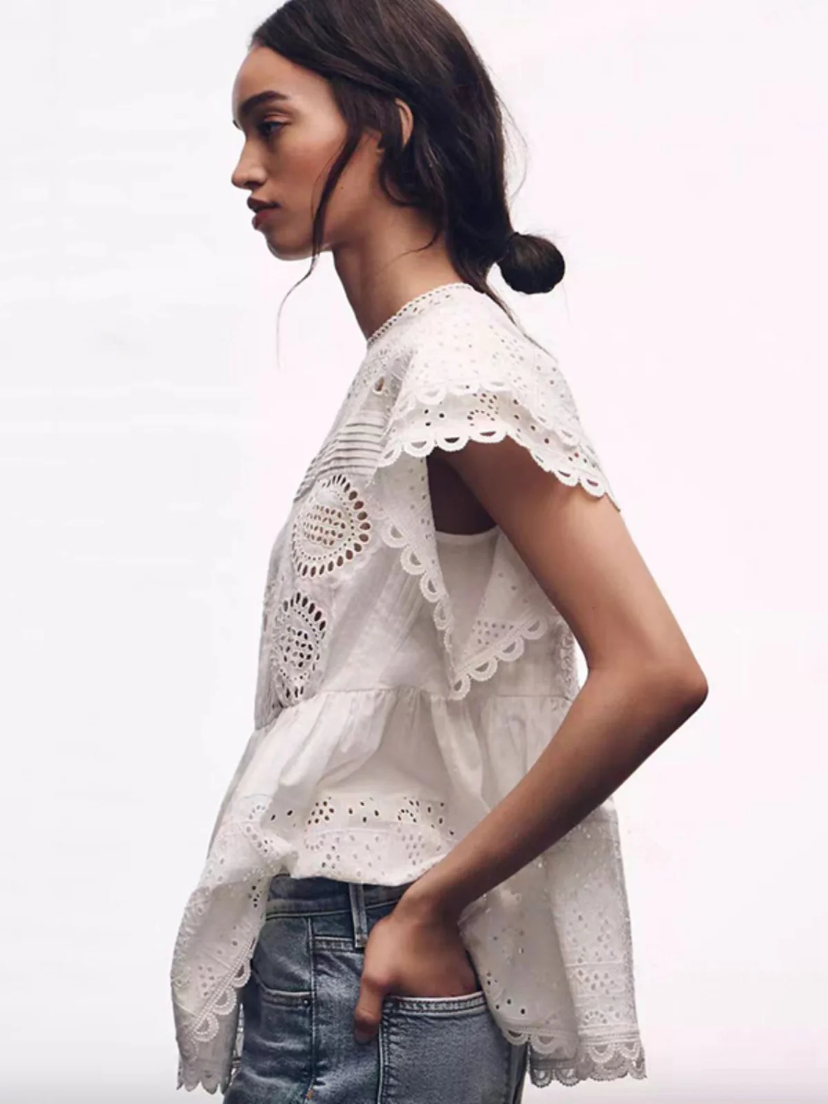 

Spring Summer Double Layer Hollow out Embroidery Flng Sve ape Cover up irt Women's Cotton round Ne ort Sve
