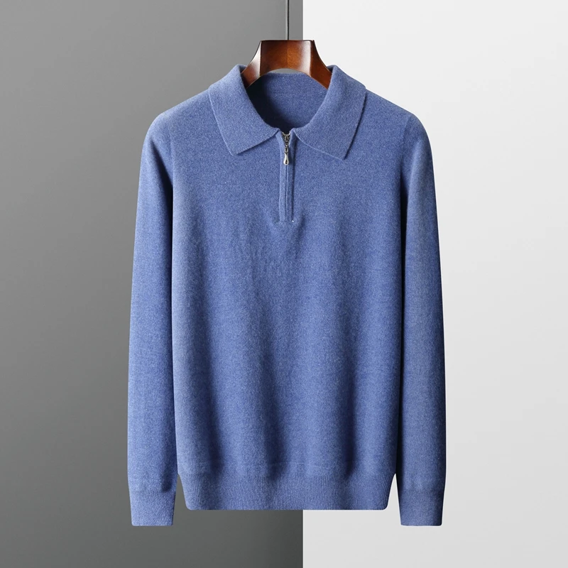 Autumn and Winter New 100% Merino Wool Cashmere Sweater Men\'s Pullover Casual Loose POLO Knitted Bottom Shirt Jacket Shirt