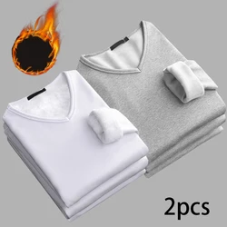 2pcs Men Thickening Velvet Warm Tops Men's Winter Long-sleeved Thermal Underwer Male V-neck Fashion T-shirt M-4XL