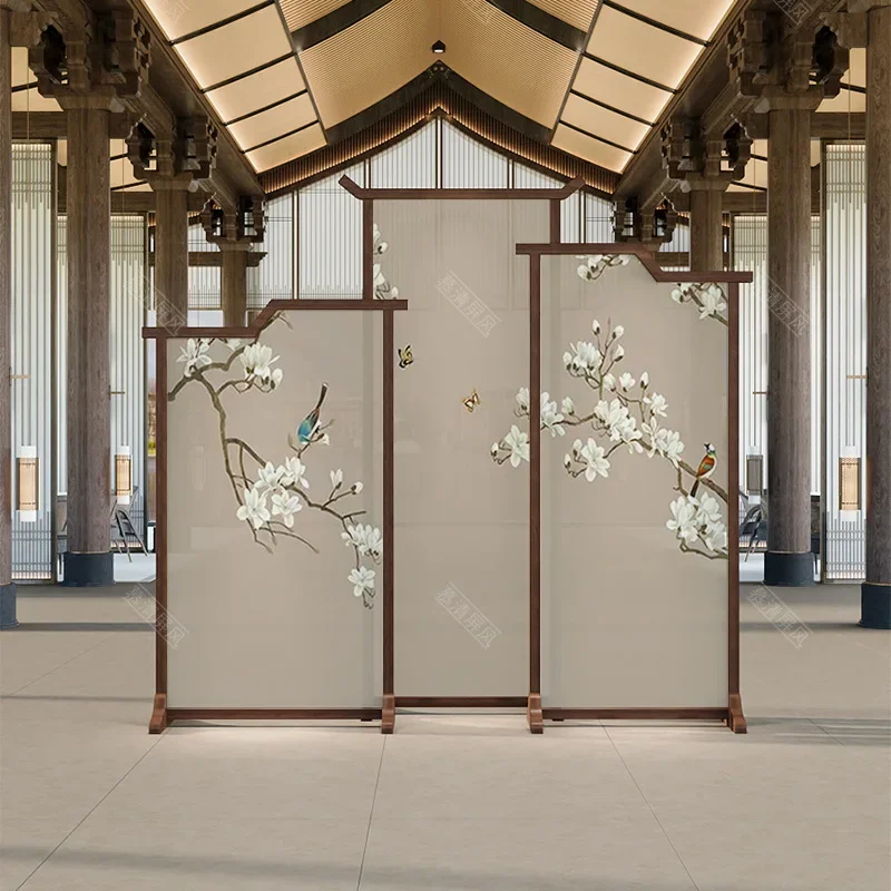 Song's Aesthetics Flower and Bird Solid Wood Seat Screen Movable Entry Entrance Partition Tea Room Study Bedroom Shiding Decorat