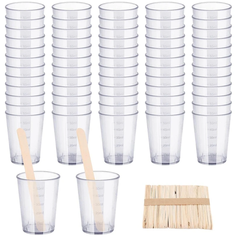 A63X-90PCS Epoxy Mixing Cups Kit, 40PCS Graduated Cups Transparent Scale Cups With 50 Pack Wooden Stirring Sticks