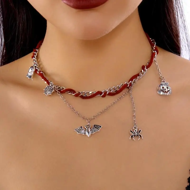 91AF Women Halloween Necklace Bracelet Featuring Spiders Bat Specter Pumpkin Charm Alloy Jewelry Gift for Holiday Party