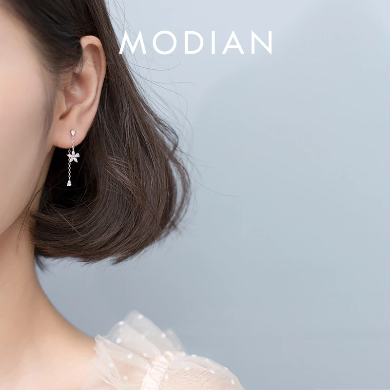 Modian Trendy huśtawka kwiat kropla kolczyki elegancki 925 Sterling Silver wyczyść CZ dynda Ear Pin dla kobiet ślubne ozdobne biżuteria