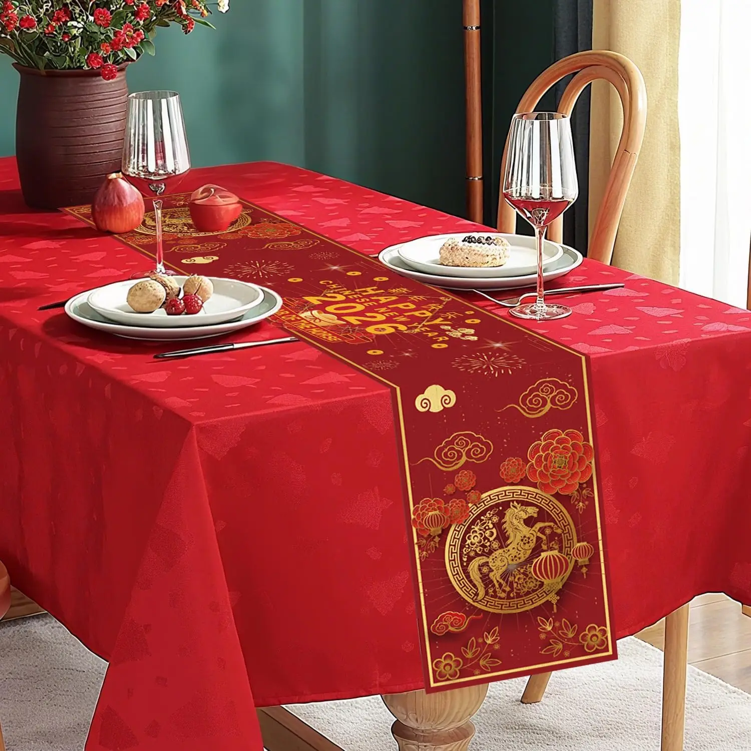 السنة الصينية الجديدة الكتان الجدول عداء ديكور الحفلات 2026 الحصان موضوع الأحمر الذهب المطبخ طاولة طعام عداء القمرية السنة الجديدة الزينة