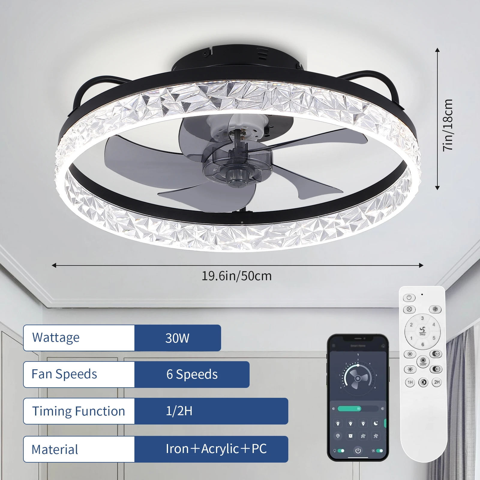 Diamond Cut Acrylic Fan Lamp Dual Color Infinite Dimming Remote Control with Memory Function Black Transparent ABS Fan Light