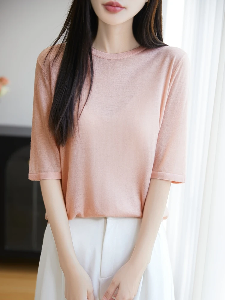 ฤดูร้อนใหม่ผู้หญิง O-คอสีทึบครึ่งแขนน้ําหนักเบา Breathable Pullover Merino เสื้อขนสัตว์สไตล์เรียบง่าย Basic Tops