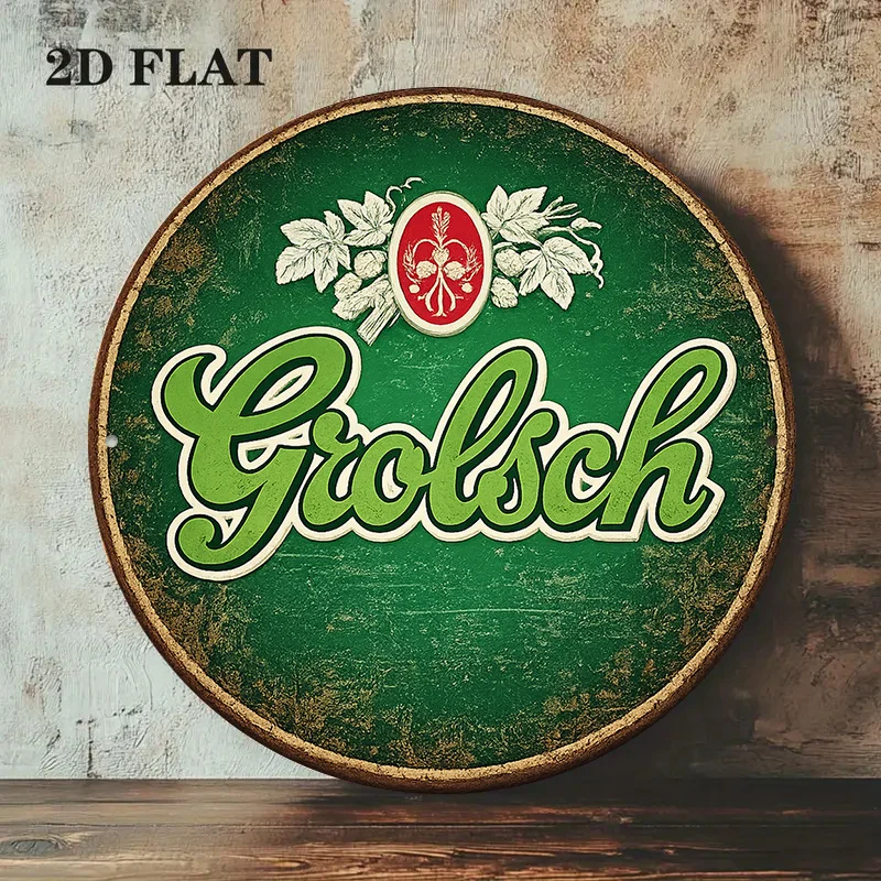 2D Flat, 1pc 8x8in/20x20cm 2D Flat Round Aluminum Sign, Vintage Aluminum Plaque About Grolsch Beer, Grolsch Beer Logo Decorative