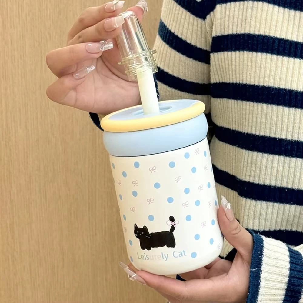 Leak-Proof 500ml Insulated Water Cup Cartoon Black Cat Thermos Bottle with Handle Vacuum Flask Straw Drinking Cup For Girl
