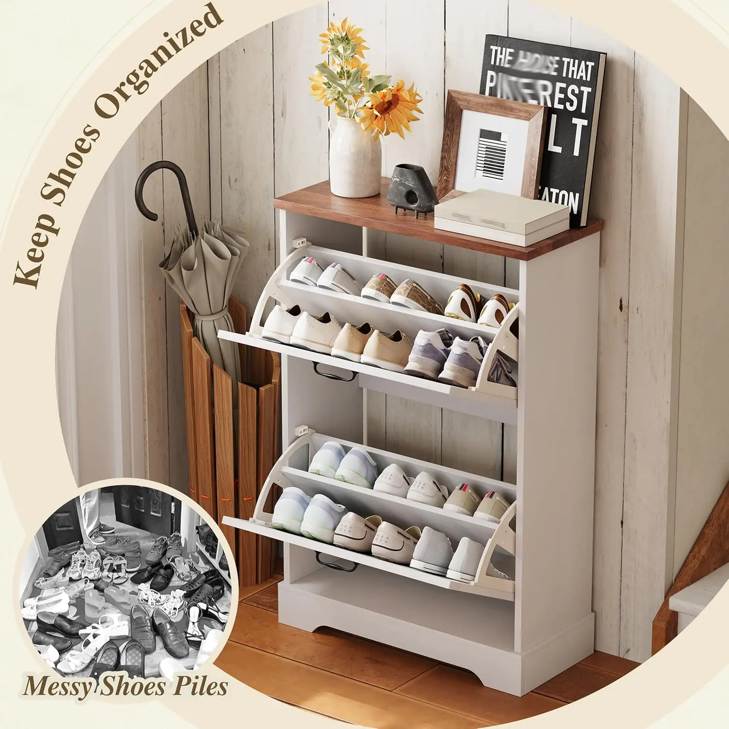 Bauernhaus-Schuhschrank mit 2 Schubladen, rustikaler, schmaler Eingangsbereich-Organizer, weißer Scheunentür-Stil