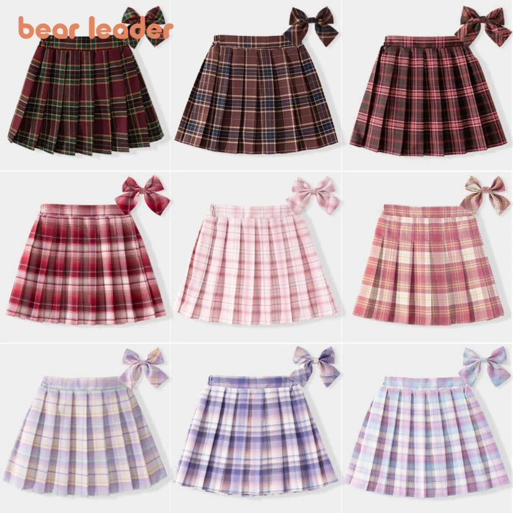 Bear Leader Korean Version New Girls Clothes Spring and Autumn Checkered Pleated Skirts Academy Style Kids Skirt + Bow