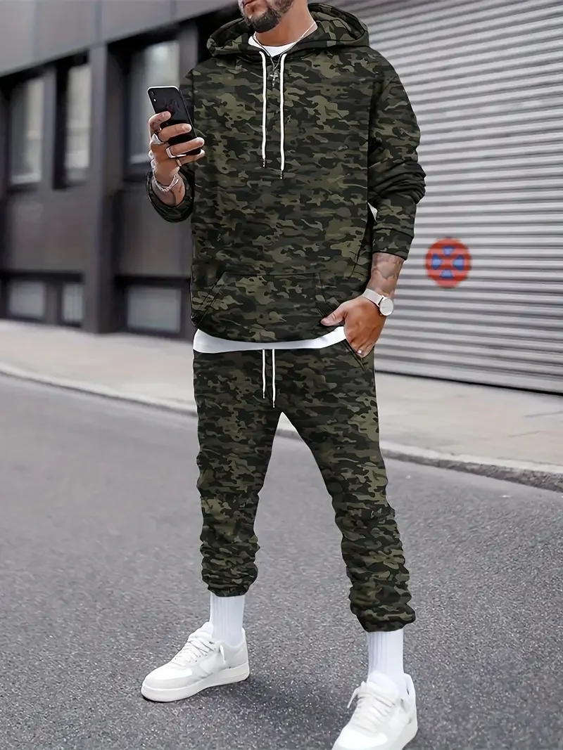 Men\'s Camouflage Hunting Hoodie Pants Outfits 3D Print Hooded Sweatshirt Sweatpants Set For Fall/Winter Oversized Men\'s Clothing