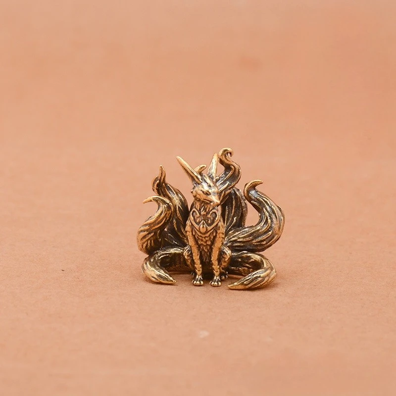 

Miniature Antique Brass Lucky Nine Tailed Fox Figurines Feng Shui Ornament Copper Animal Mini Office Desktop Crafts Home Decor