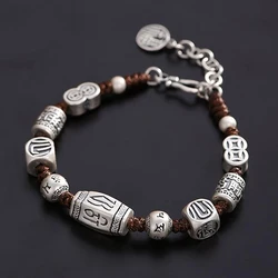 Exquisite Retro Style S925 Silver Bracelet Woven Rope Chain Chinese Characters All Wishes Come True Lucky Jewelry Gift for Men