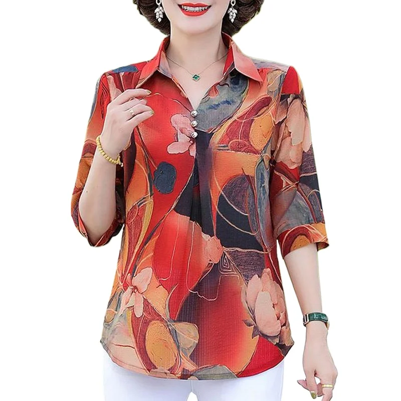 Summer Vintage Floral Printed Shirt Women\'s Clothing Casual Turn-down Collar Button Commute Half Sleeve Stylish Loose Blouse