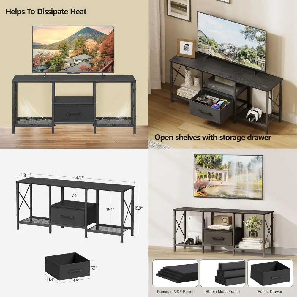 

Industrial-Style Fabric Drawer TV Stand, Entertainment Center for 50-55 Inch TVs, Open Shelves Console Table for Living Spaces,