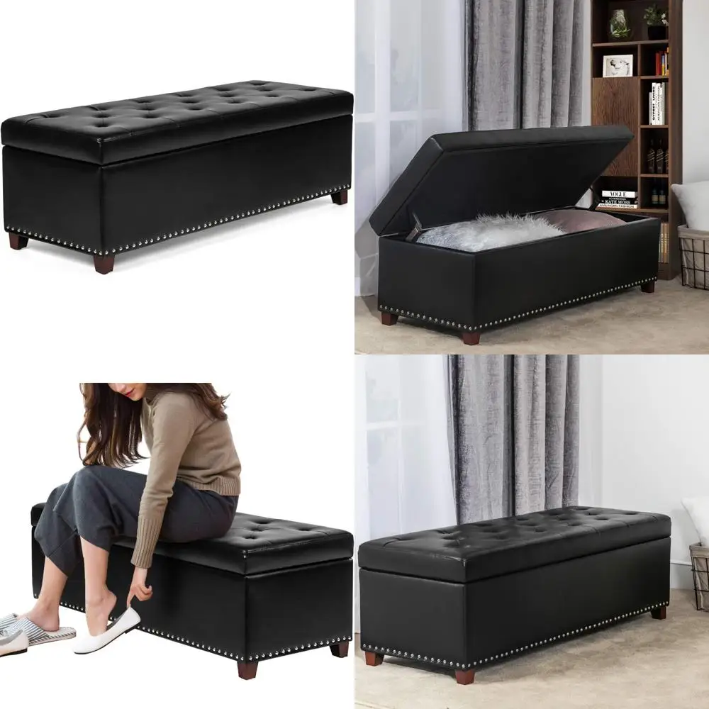 مقعد عثماني من الجلد معنقدة مقاس 47 بوصة مع مساحة تخزين وحواف رأس الأظافر لغرفة النوم باللون الأسود