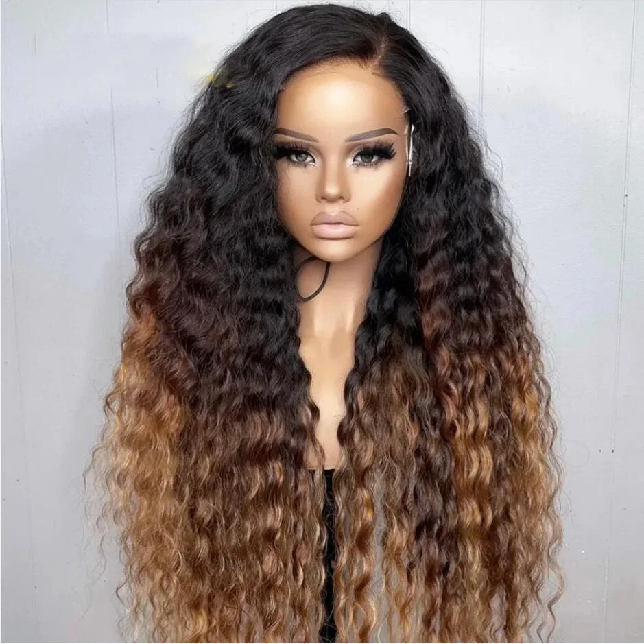 

Soft Long 26lnch Glueless 180Density Ombre Brown Kinky Curly Lace Front Wig For Women With Baby Hair Synthetic Preplucked Daily