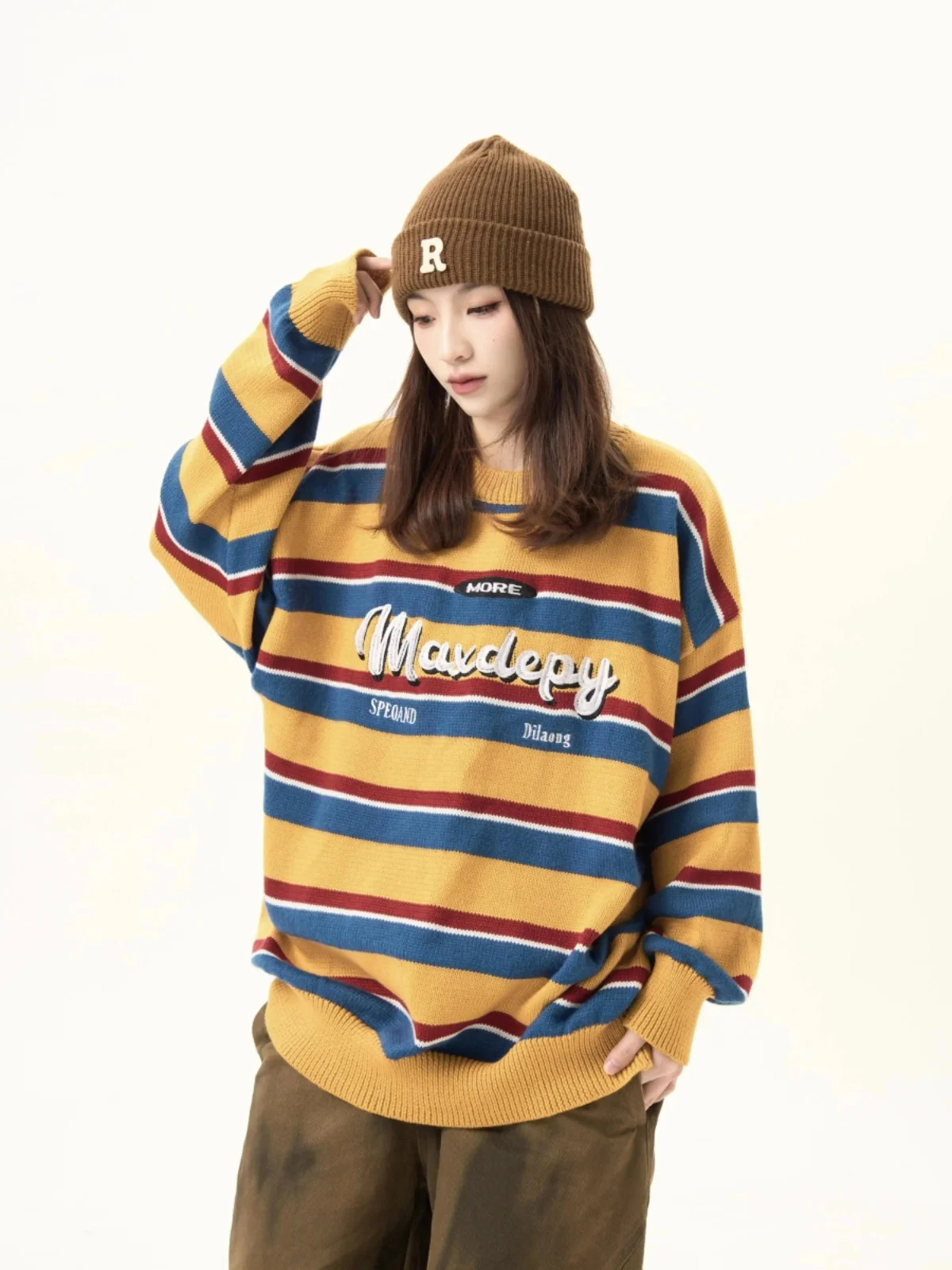 Retro American Embroidered Color Blo Striped round Ne Knitwear Men's Lazy Versatile Sweater Couple Trendy Autumn Faion