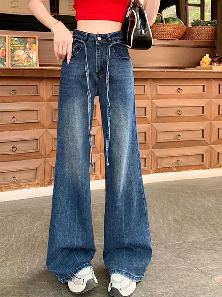 Vintage Drawstring Flare Jeans for Women Korean Style Versatile High Waist Casual Trousers Fashionable Loose Denim Pants