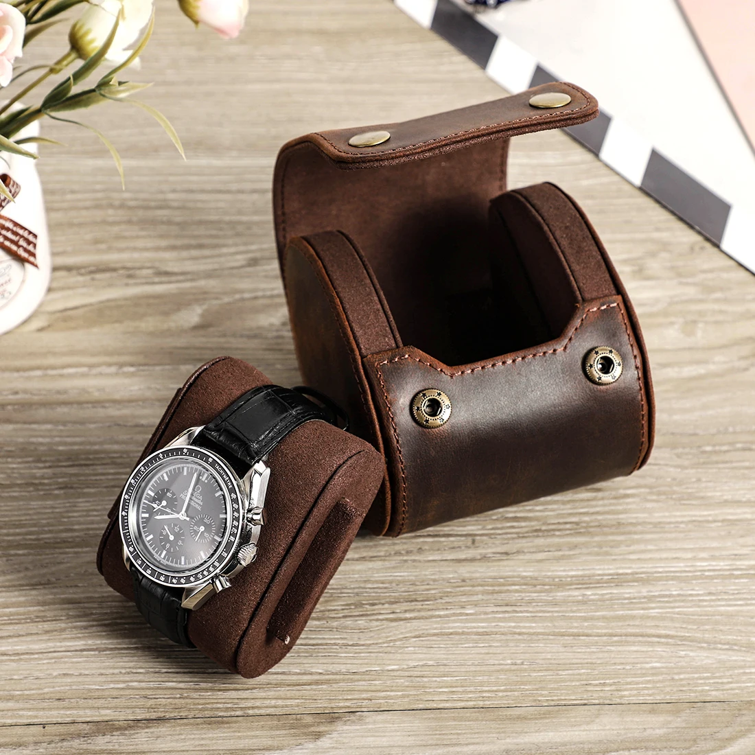 CONTACT\'S FAMILY Vintage Genuine Leather Watch Case Box Men Watches Travel Wristwatch Roll Case Holder High Quality Gift for Men