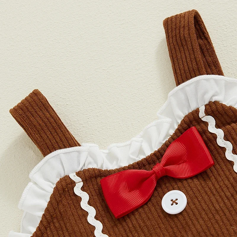 Kids Baby Girls Christmas Dress Ribbed Gingerbread Man Patchwork Ruffled Bow Button Party Xmas Dress