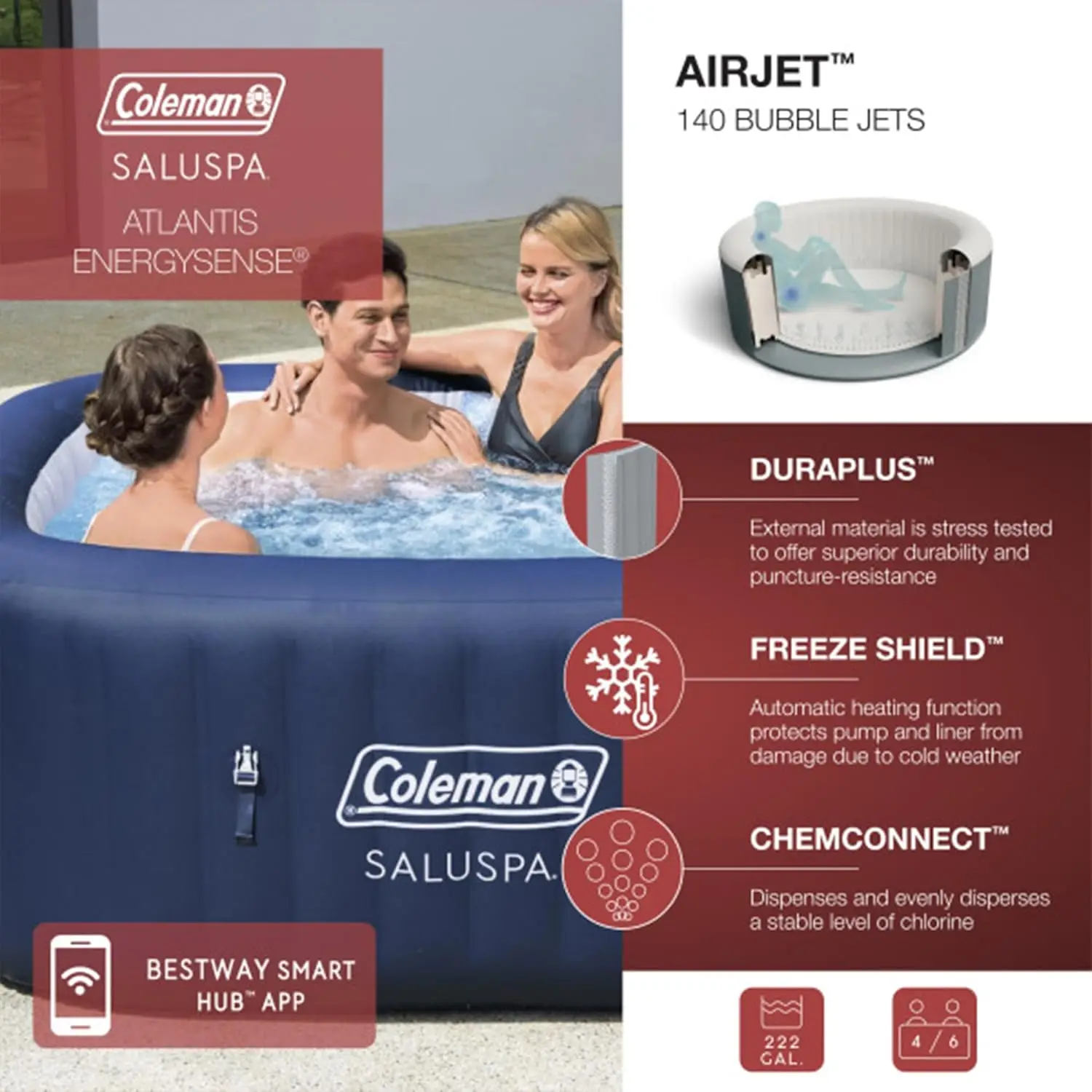 Coleman Hawaii Airjet Inflatable Hot Tub With Energysense Cover, Blue + Saluspa Spa Seat (2 Pack) + Saluspa Pillows