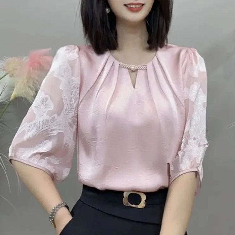 Chemisier élégant en dentelle épissée et perles, couleur unie, vêtements pour femmes, pulls décontractés, ample, chemise de bureau, nouvelle collection été 2025