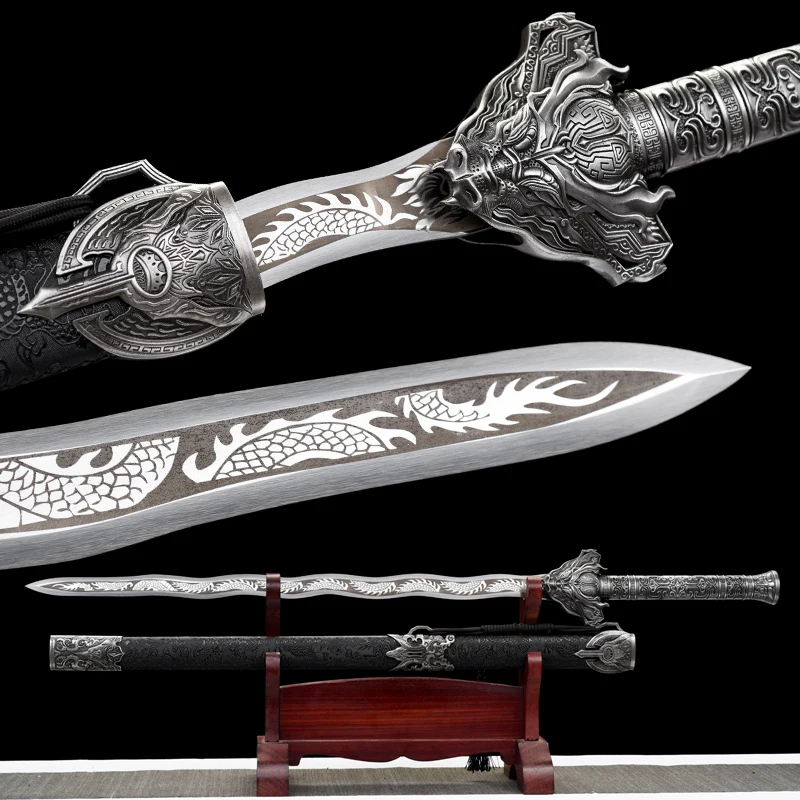

Chinese Tang Sword High Manganese Steel Blade Real Handmade Sharp Ready Battle Medieval Sword Metal Handle Silver Dragon Katanas