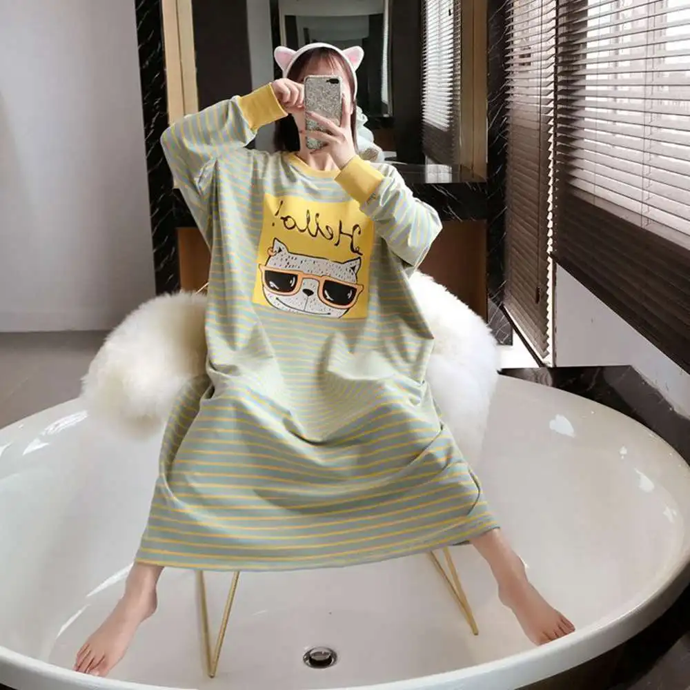 Plus size 5XL 140KG Autumn Long Night Dress Long Sleeve Women O-Neck Cartoon Printed Sleepwear Casual Oversized Home Dress