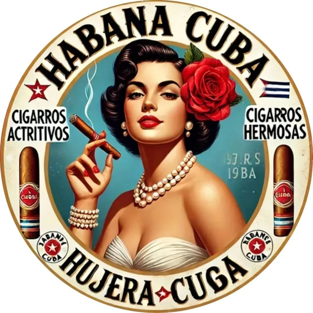 Vintage Habana Cuba Cigar Pin Up Girl Retro Metal Wall Art, Round Havana Cigarros Decorative Tin Sign, Rustic Cuban Tobacco Them