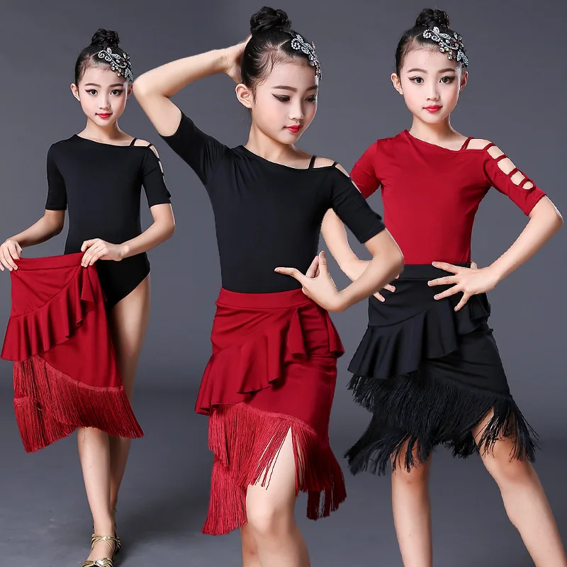 Meisjes Latin Dans Kostuums Childrensummer Korte Mouwen Tops En Kwastje Rok Practise Professionele Dancing Stage Dancewear