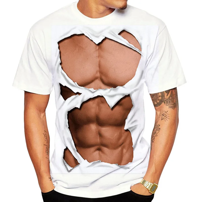 Lustiges Herren-T-Shirt mit Muskelmuster, kurzärmelig, 3D-Druck, Fake-Abdominalmuskeln, Rundhalsausschnitt, lässig, Party, Cosplay, Kostüm-T-Shirt – Detail 6