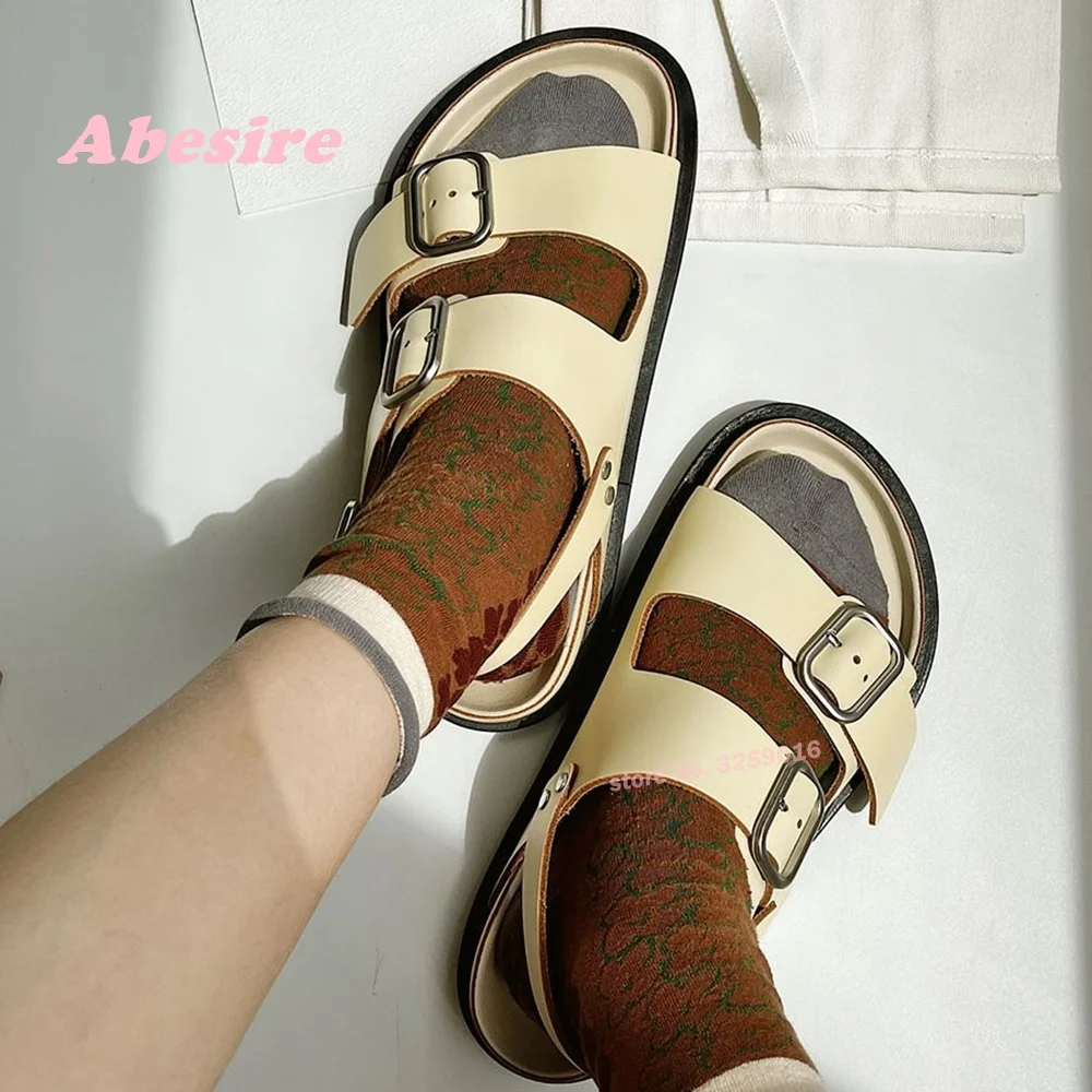 

Buckle Flat Sandals Beige Slingback Round Toe Roman Beach Shoes Thick Soled Women's Sandals Casual Slip On 2025 New Arrival Sexy
