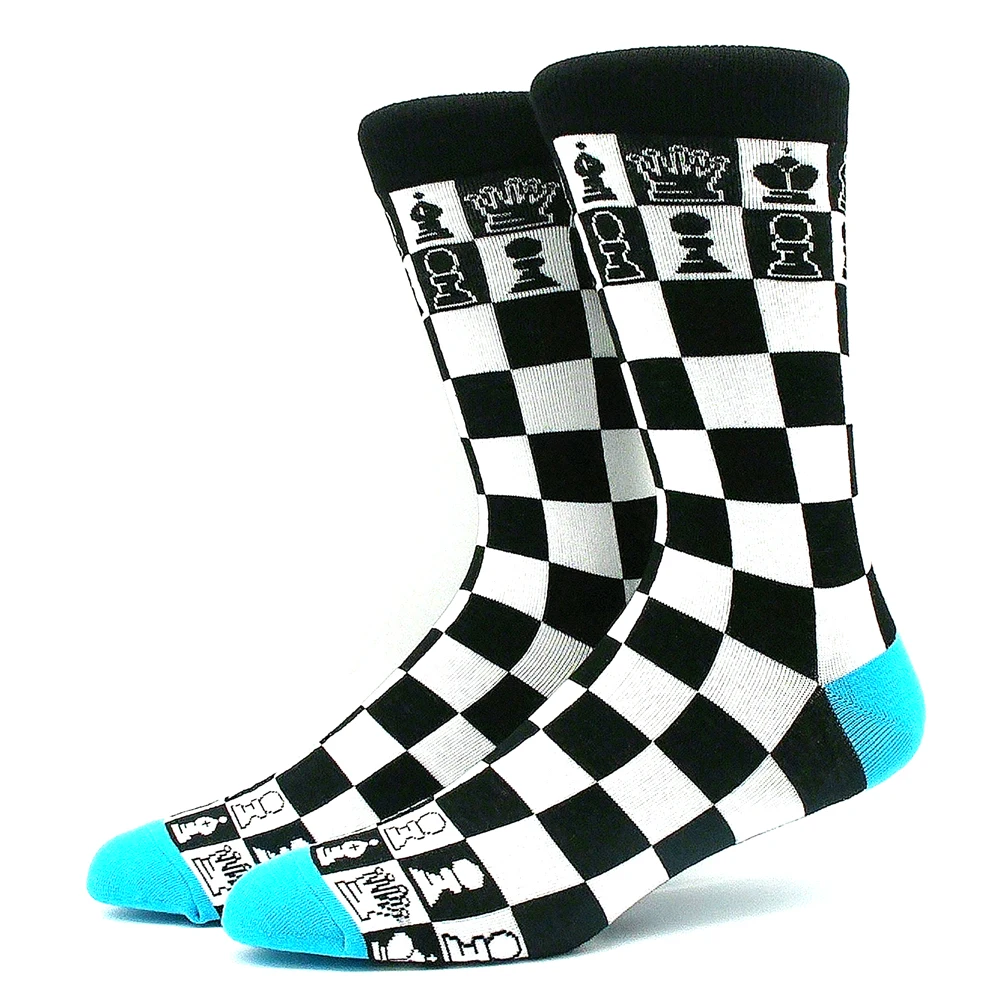 Chaussettes drôles pour hommes et femmes, chaussettes de boxe Happy Crew Py Play, damier noir et blanc, bière, automne et hiver