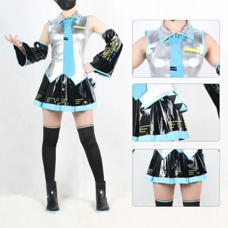 

IN STOCK Miku Cosplay Costume Wig Headwear Full Set Miku Patent Leather Dress Halloween Carnival Party Outfit for Women XXXL