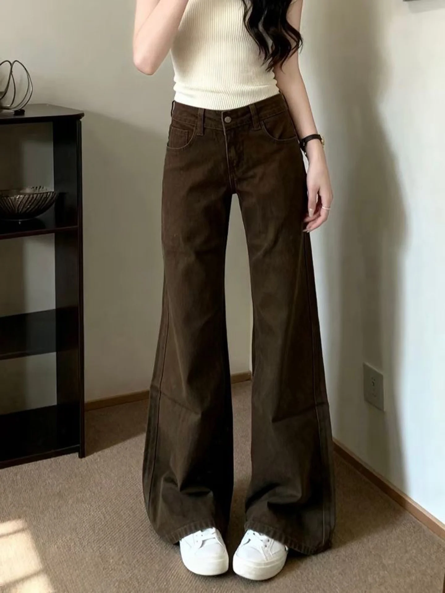 Low Waist Bell Bottom Denim Jeans Women's Fashionable Brown Slimming Loose Fit Versatile Flared Pants Autumn New Style