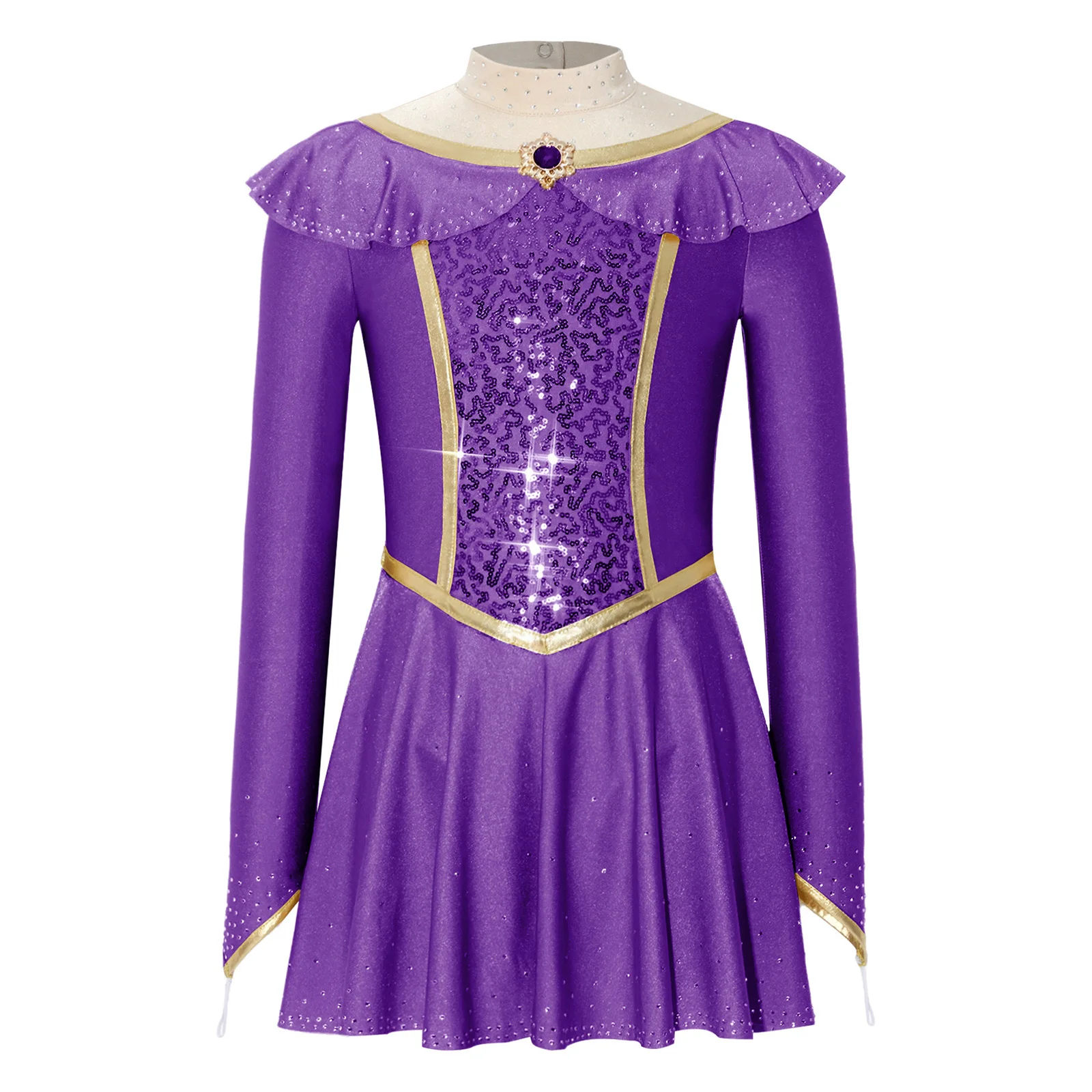 Children Girls Princess Dress Figure Skating Gymnastics Ballet Dance Leotard Tutu Long Sleeve Shiny Rhinestones Sequins Dresses
