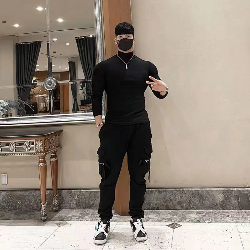 Knitted Turtleneck Long Sleeve Men Warm T Shirts Fashion Harajuku Black White Gray Slim Bodycon Fall Winter Trend Gym Sportswear