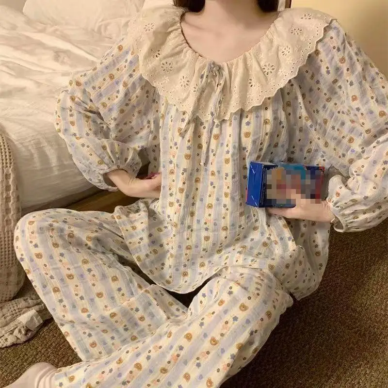 New Lace Plaid Long Sleeved Floral Pajamas for Women for Spring and Autumn Doll Collar Princess Style Home Clothes Autumn Set