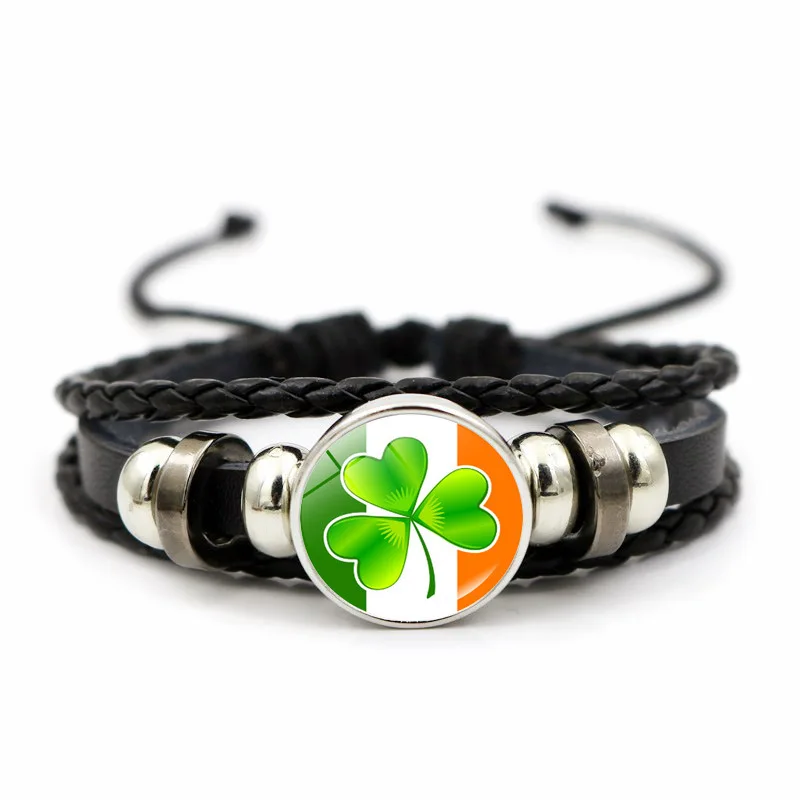 Flag Clover Leather Bracelet Women's Versatile Woven Beaded Bracelet Green Lucky Grass Handicraft