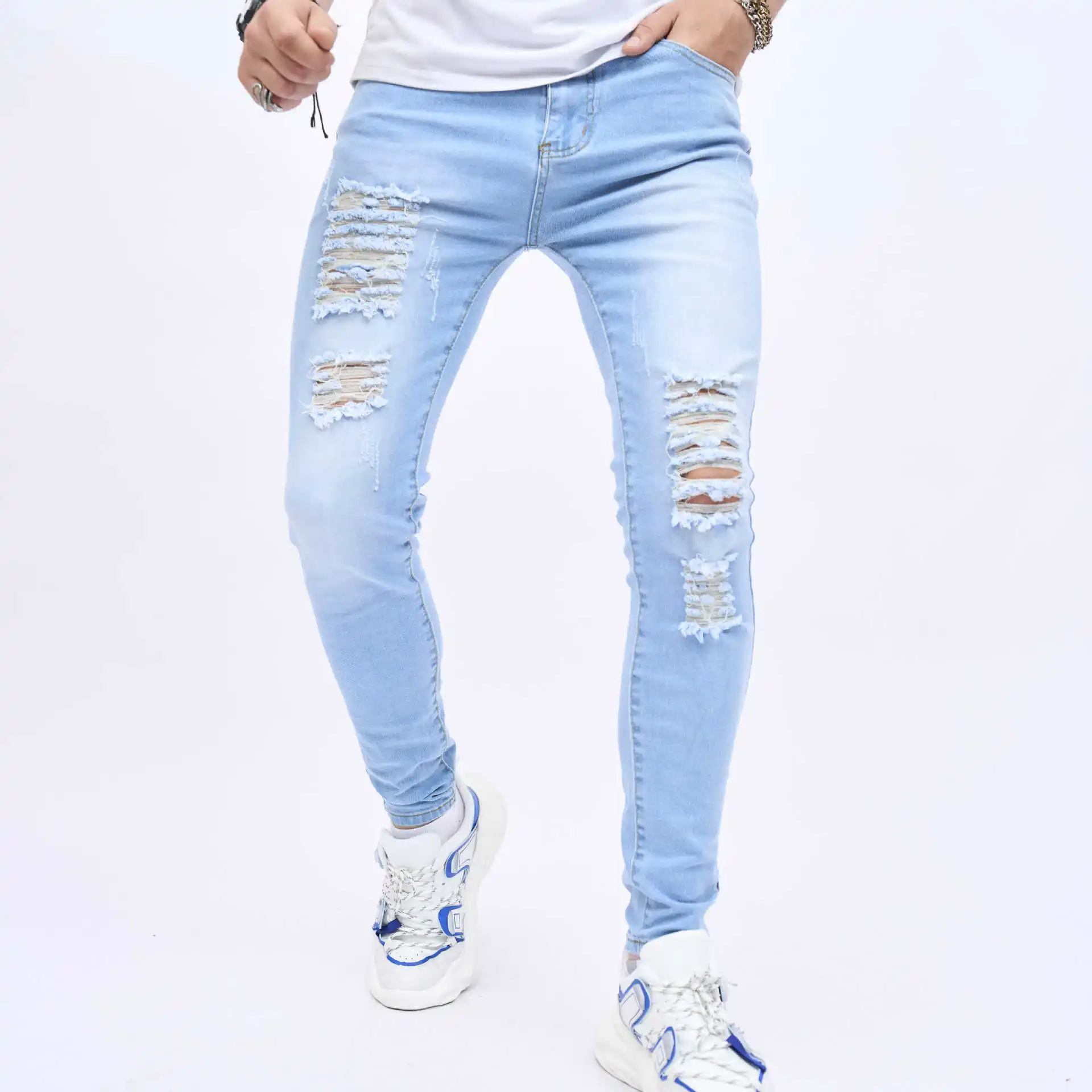 Men Hole Slim Jeans Cotton Stretchy Ripped Skinny Men's Denim Pants High Quality Brand Hip Hop Street Oversize Male Jeans Blue