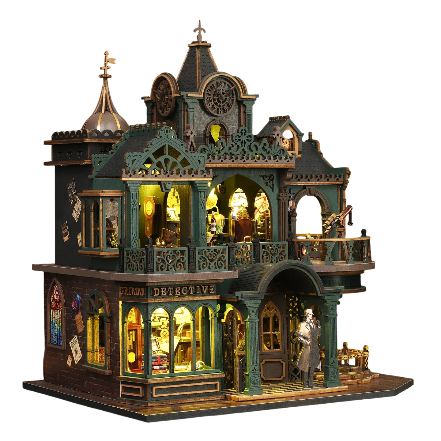 

DIY Wooden Miniature Model Kits Green Detective Agency Casa 3D Puzzle Magic Dollhouse With Furniture for Friends Birthday Gifts
