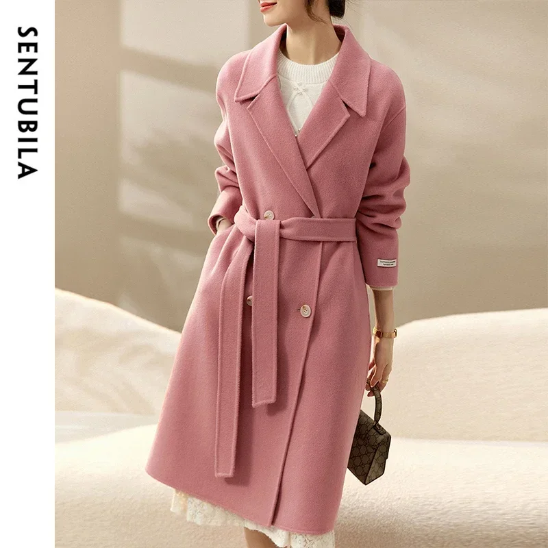 SENTUBILA abrigo mujer 100% lana 2025 invierno estilo coreano recto doble cara grueso cálido abrigo de longitud media W44O56769X