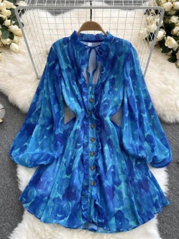 Beach Summer Vintage Printed Dress for Women New Bubble Sleeves Slim Wooden Ear Lace Up A Line Boho Short Dress