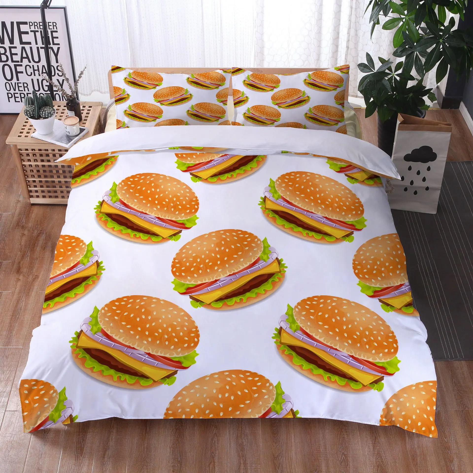 Pizza Duvet Cover Burger Fries Donuts Comforter Cover Microfiber Fast Food Bedding Set Queen/King American Breakfast Quilt Cover